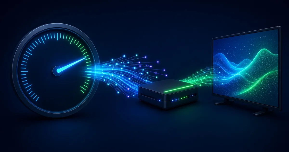 Internethastighet IPTV – hastighetsmätare och fiberljus som går via router till tv