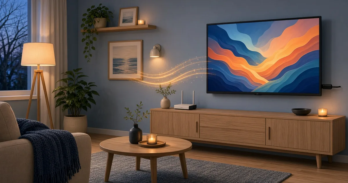 Vad är IPTV – tv via internet i ett mysigt vardagsrum med router och smart-tv