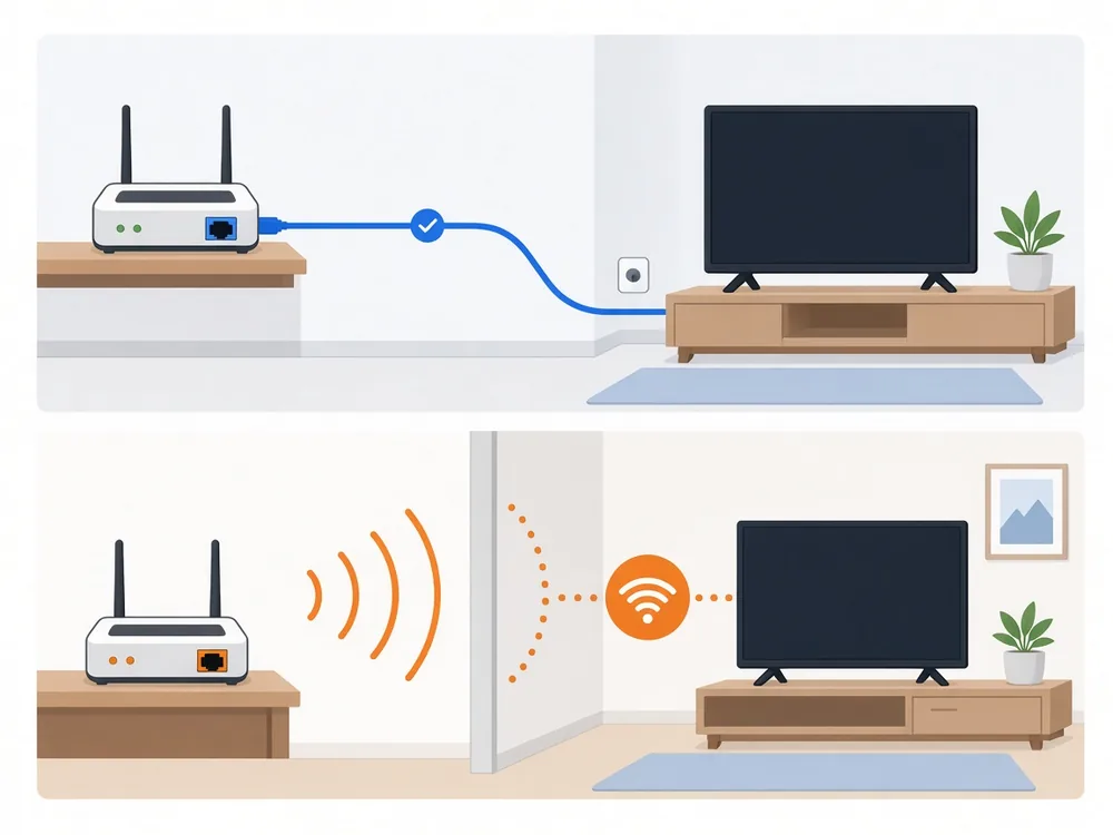 Jämförelse av nätverkskabel och wifi för bättre internethastighet för IPTV till smart-tv
